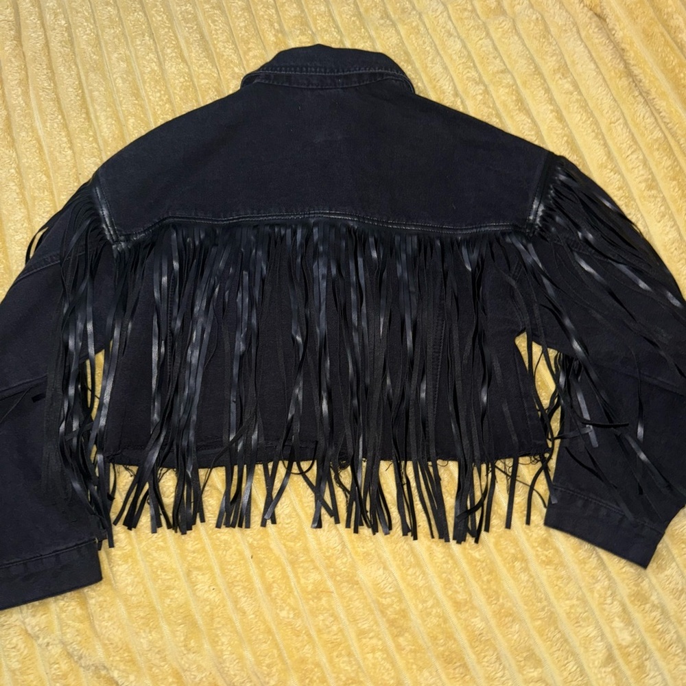 Forever 21 Black Jean Jacket denim faux leather Fringe western boho size Small - Picture 4 of 12